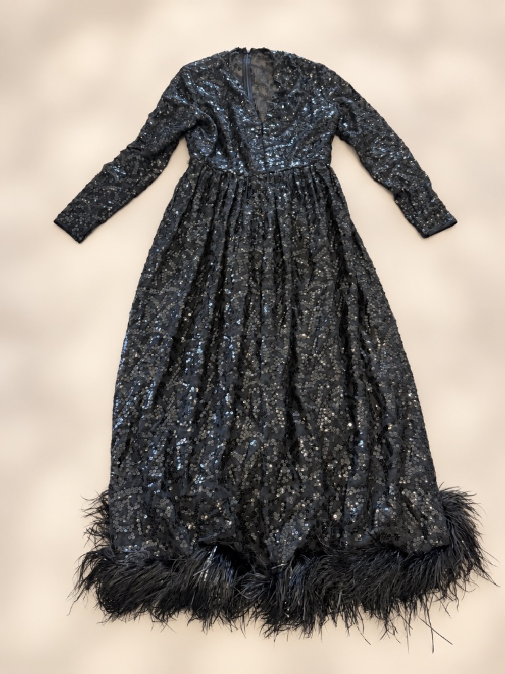 Bill Blass Black Sequin Evening Dress with Feather Hem vintage